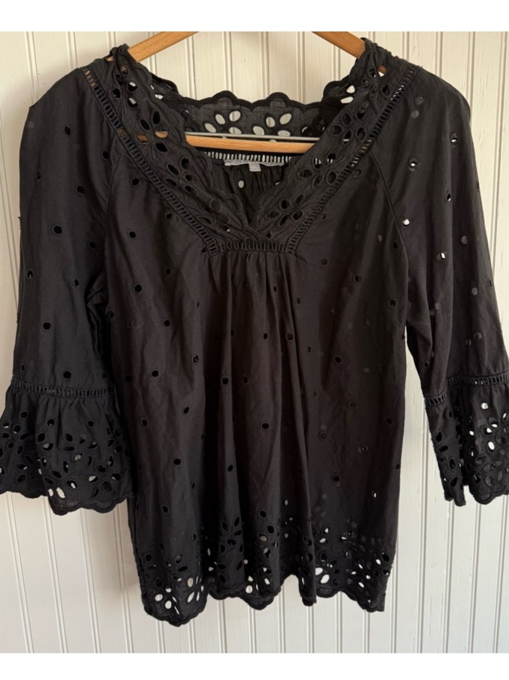 Daniel Rainn Black Eyelet Top Size S with Scalloped Trim 100% Cotton